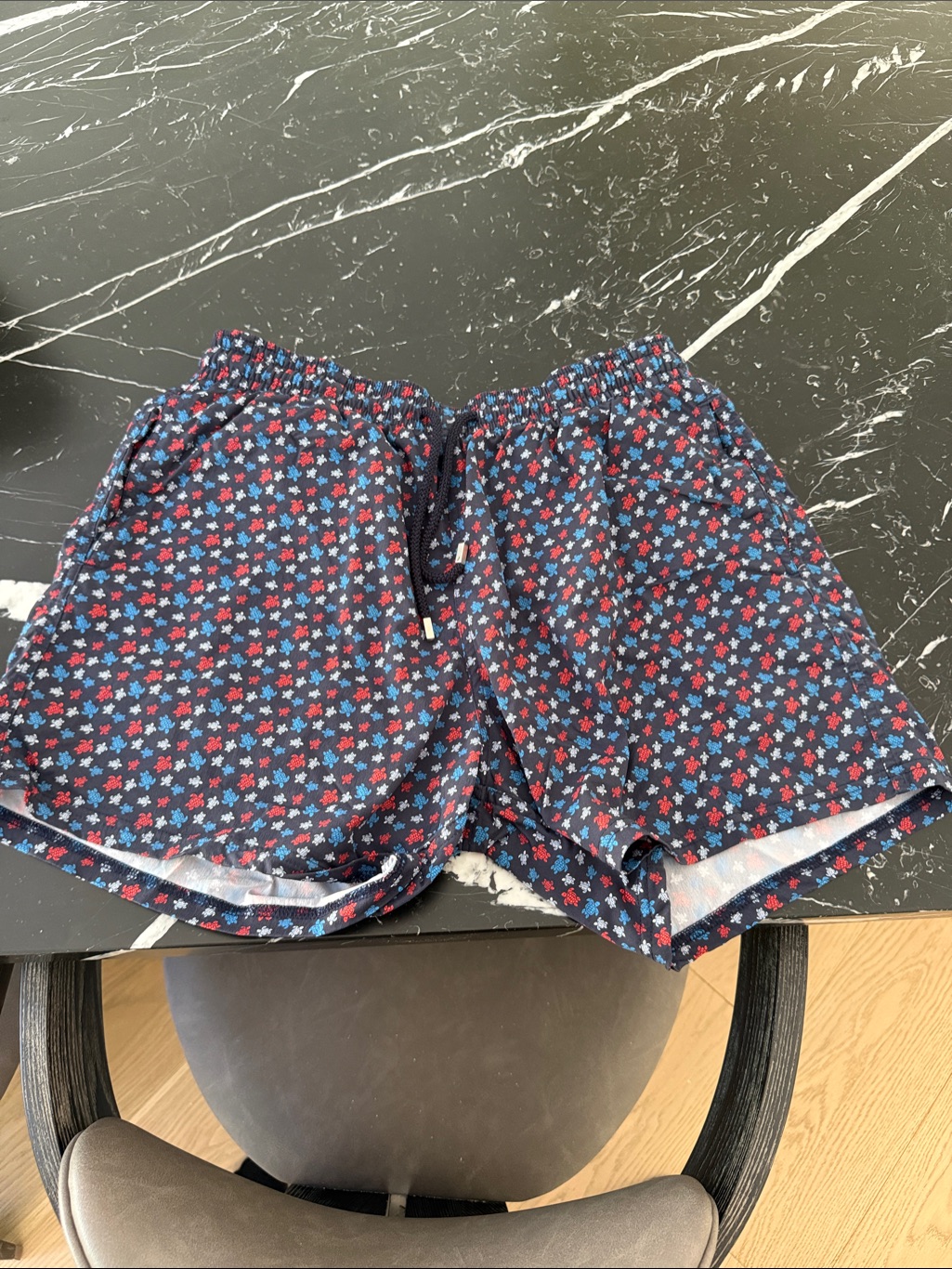 Vilebrequin Navy Blue Swim Trunks With Red & Light Blue Turtle Pattern